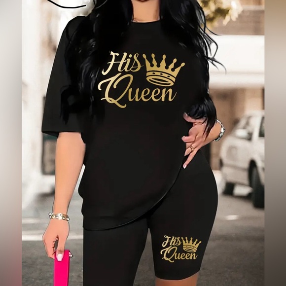 His Queen Two Piece Set, Drop Shoulder Short Sleeve T-shirt & Short Leggings - Picture 1 of 3